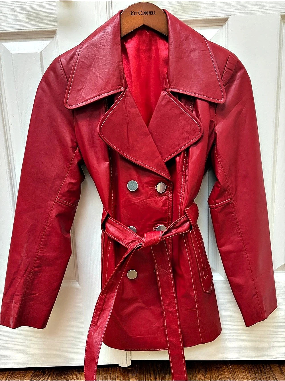 Red Leather Belted trench Jacket Size small